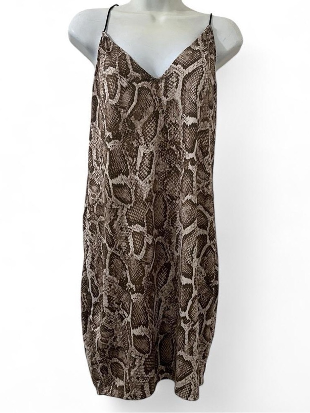 Spaghetti-Strap Snake-Print Mini Dress in Brown and Cream